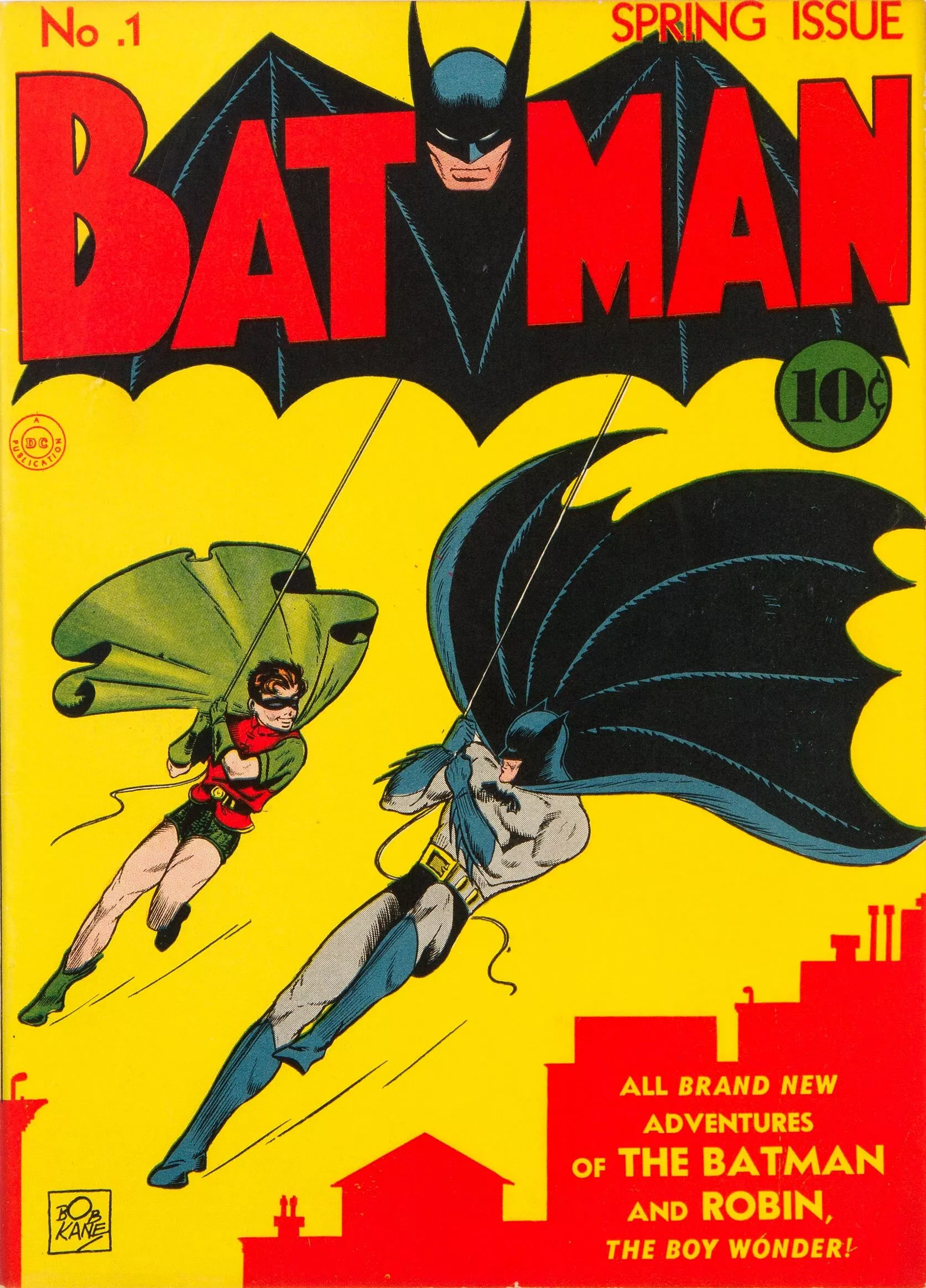 The cover to Batman issue #1 depicts Bruce Wayne as Batman and Dick Grayson as Robin swinging through Gotham City.