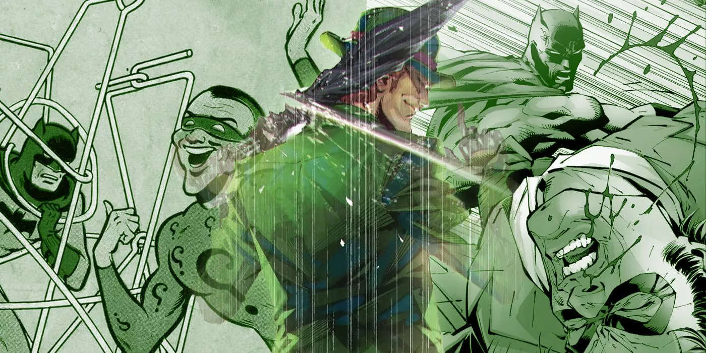 The Riddler in the foreground. The Riddler trapping Batman and Batman punching The Riddler