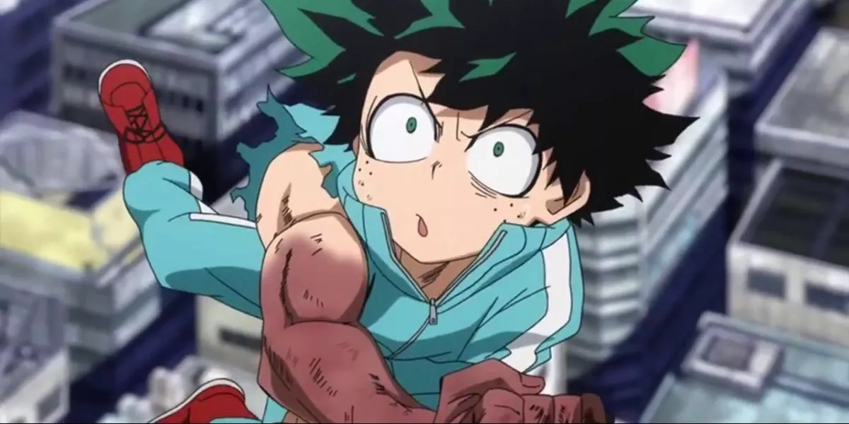 Deku falling out of the sky with broken bones