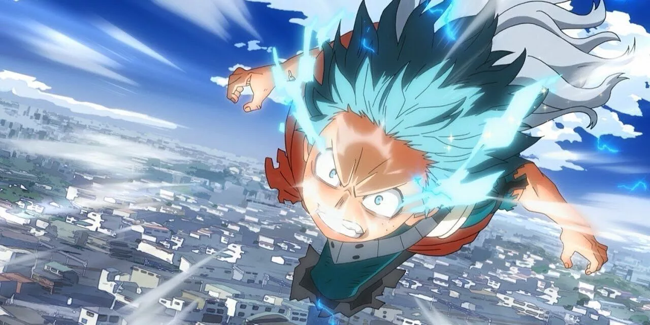 Deku flies through the air while glowing with power.