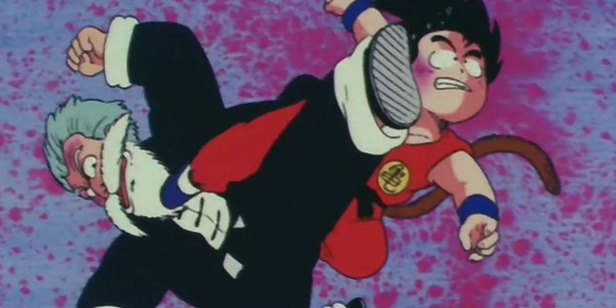 Master Roshi, as Jackie Chun, fights Goku in the 21st World Martial Arts Tournament in Dragon Ball.