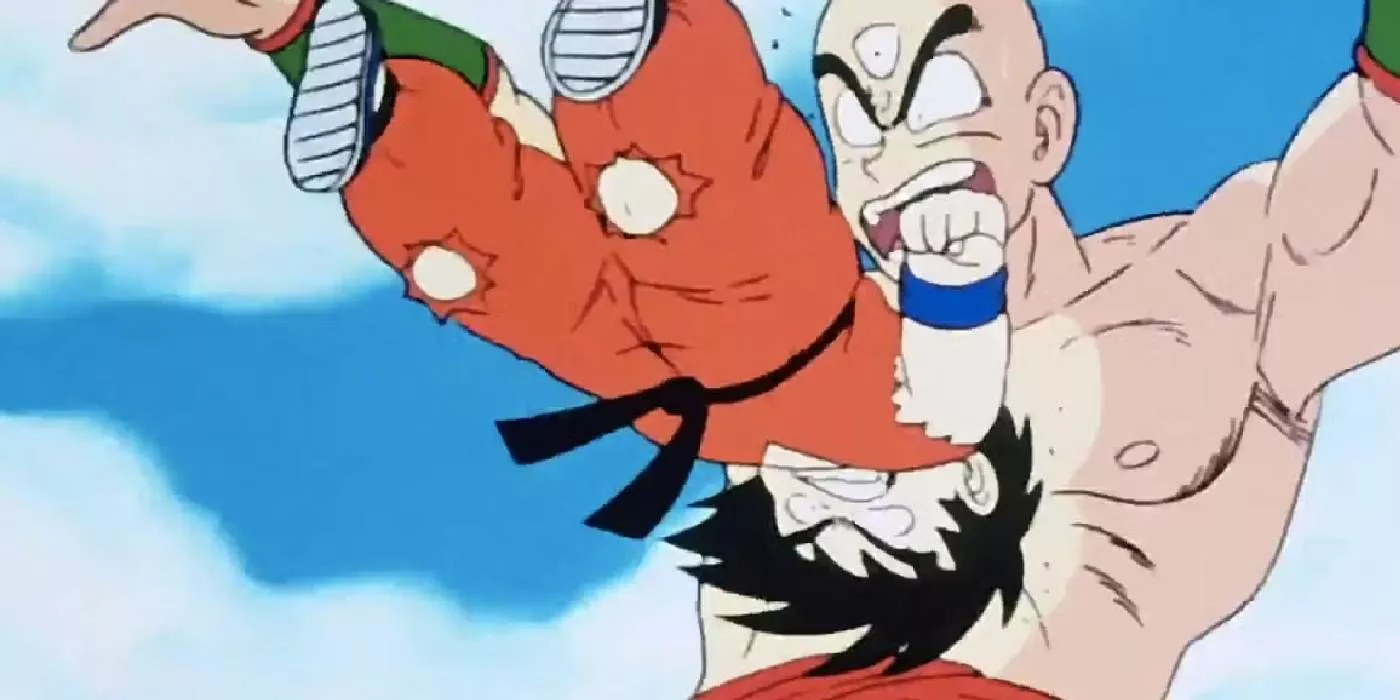 Goku headbutts Tien during the 22nd World Tournament in Dragon Ball.