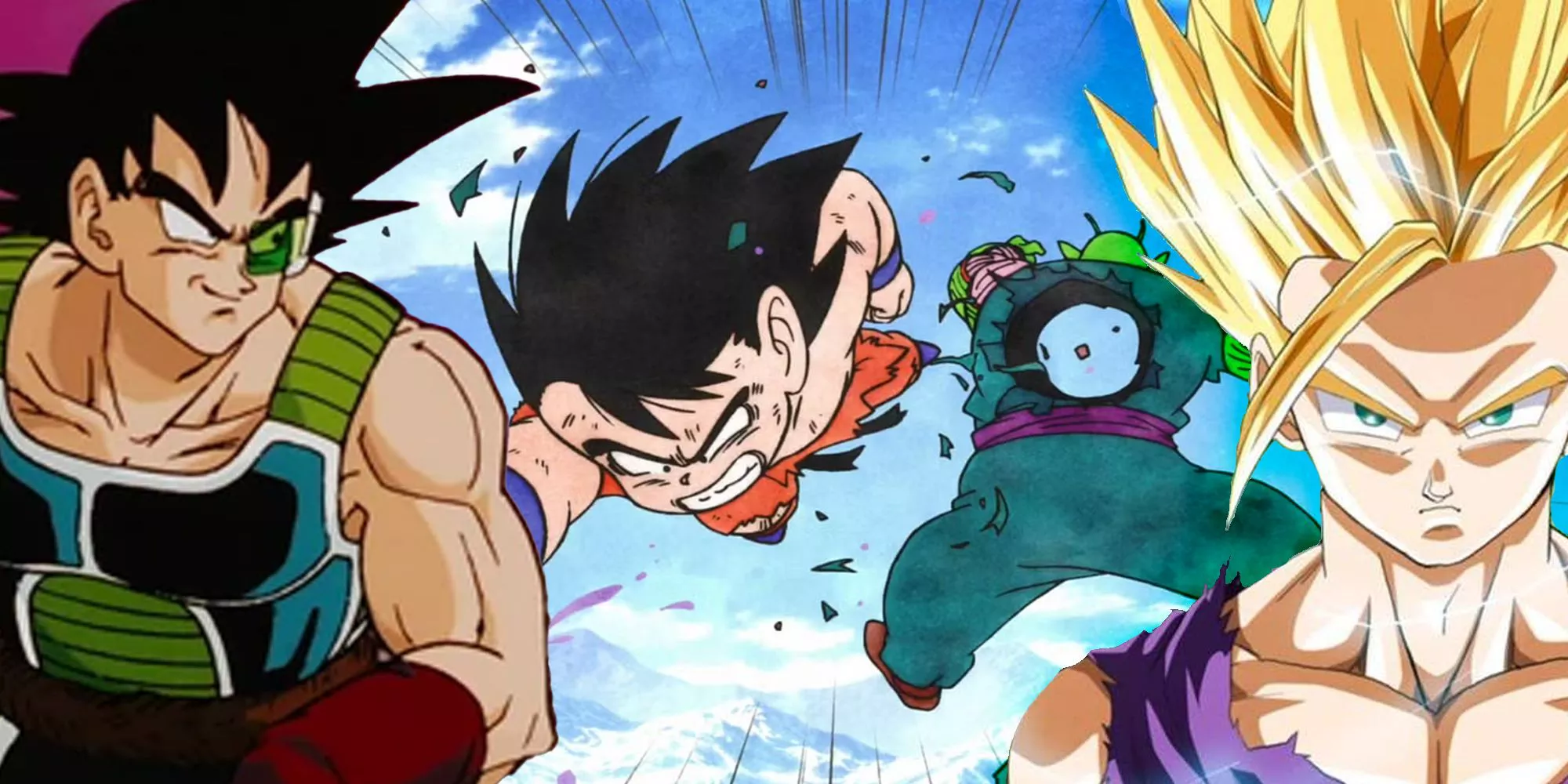 Bardock, Goku punching through Piccolo and Gohan Super Saiyan 2 vs Cell