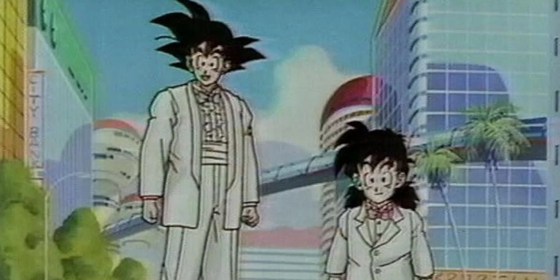 Goku y Gohan hablando a la cámara en Dragon Ball Z Summer Vacation Special