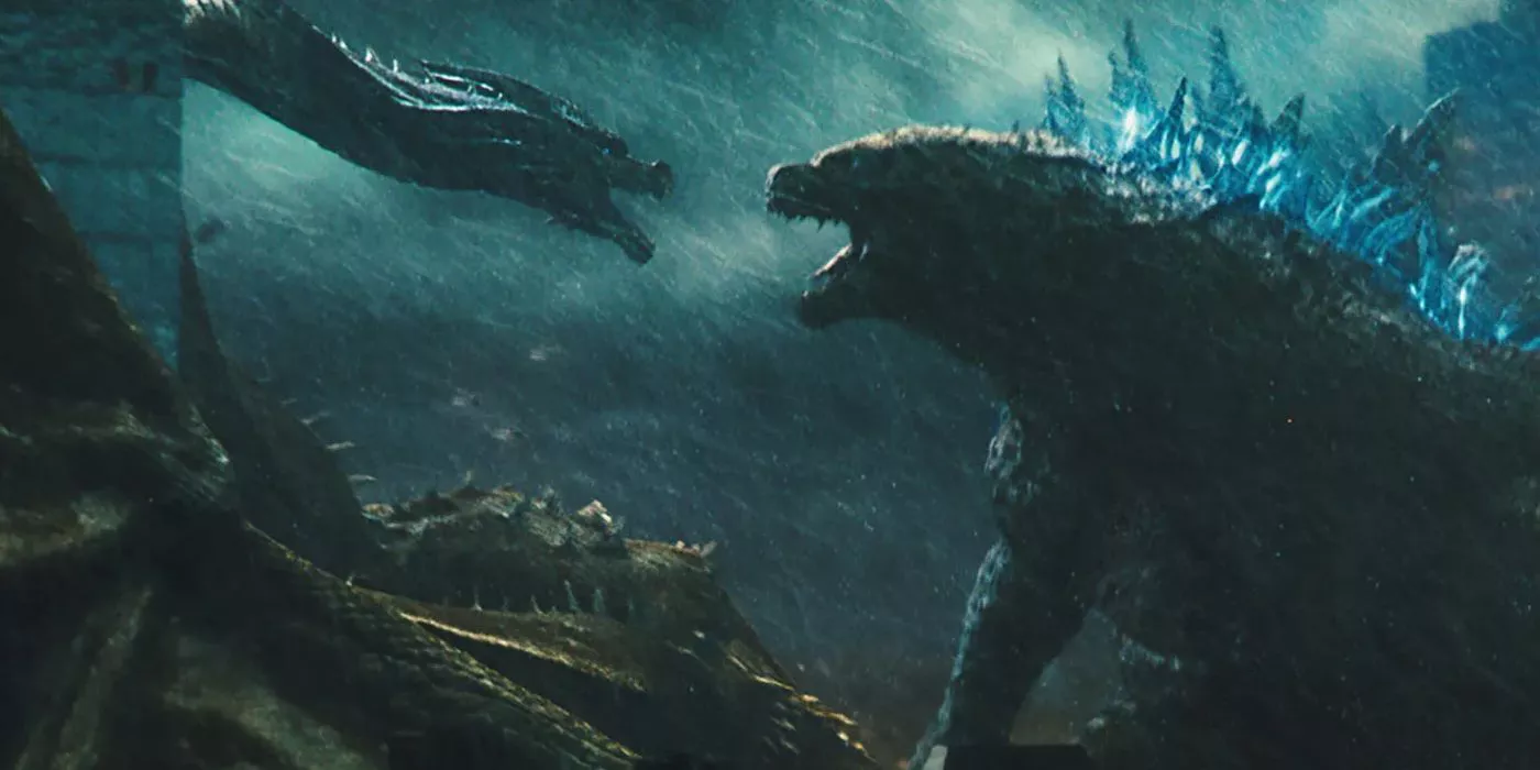 Godzilla and King Ghirodah roar during their fight in Boston in Godzilla: King of the Monsters.