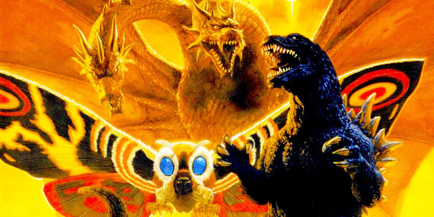 The poster for GMK: Giant Monsters All-Out Attack, featuring Godzilla Mothra and Ghidorah.