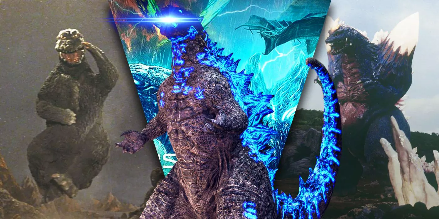 split image of dancing Godzilla, MonsterVerse Godzilla charging its atomic breath and SpaceGodzilla