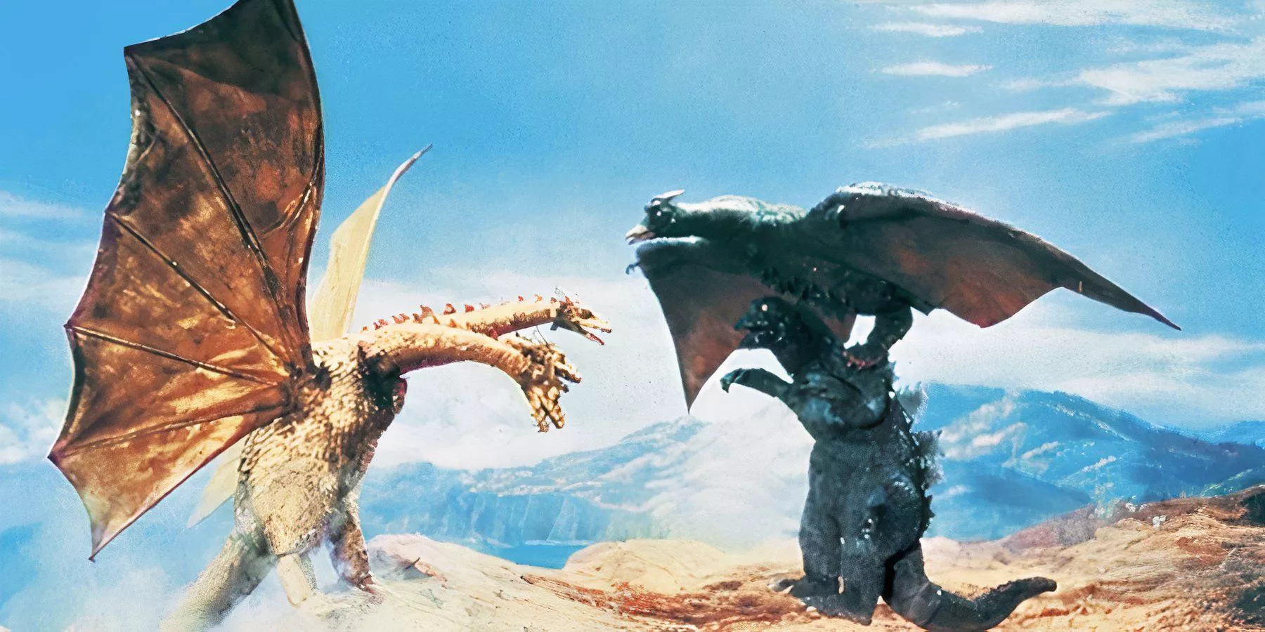 Godzilla and Rodan fighting King Ghidorah in Invasion of the Astro-Monster