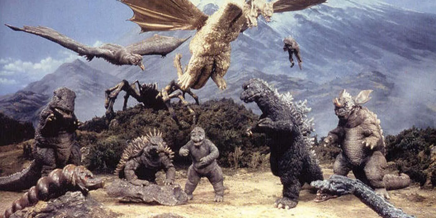 A Kaiju team up fight in Destroy All Monsters