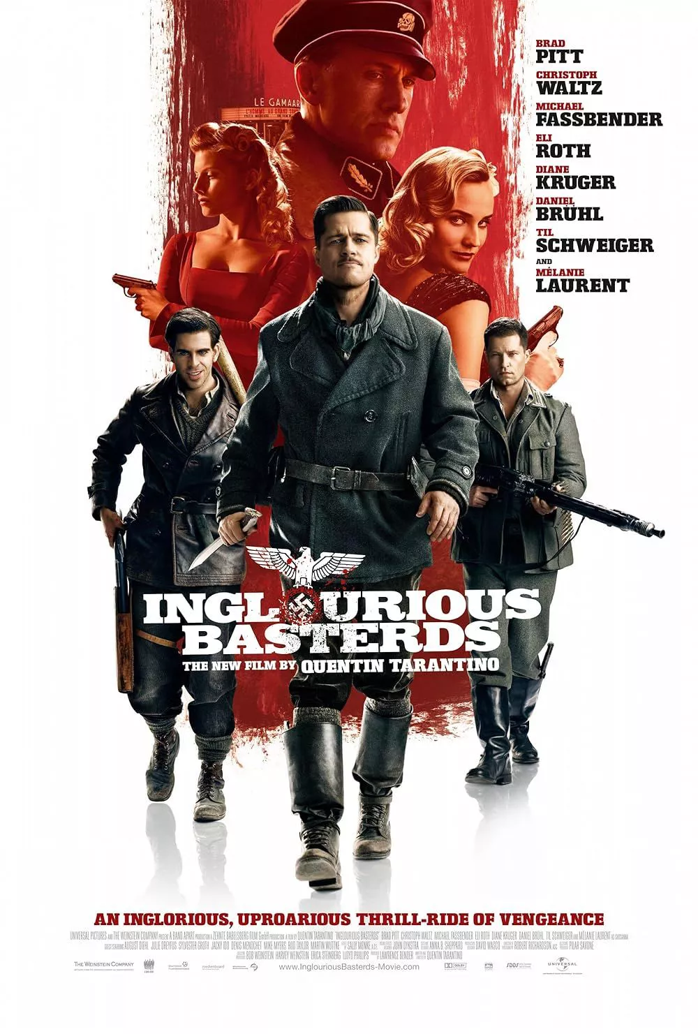 Lieutanant Aldo Raine (Brad Pitt), Sergeant Hugo Stiglitz (Til Schweiger), Frederick Zoller (Daniel Brühl), Shosanna Dreyfus (Mélanie Laurent), Sergeant Donny Donowitz (Eli Roth), Hans Landa (Christoph Waltz), and Bridget von Hammersmark (Diane Kruger) are featured in the poster for Inglourious Basterds (2009).