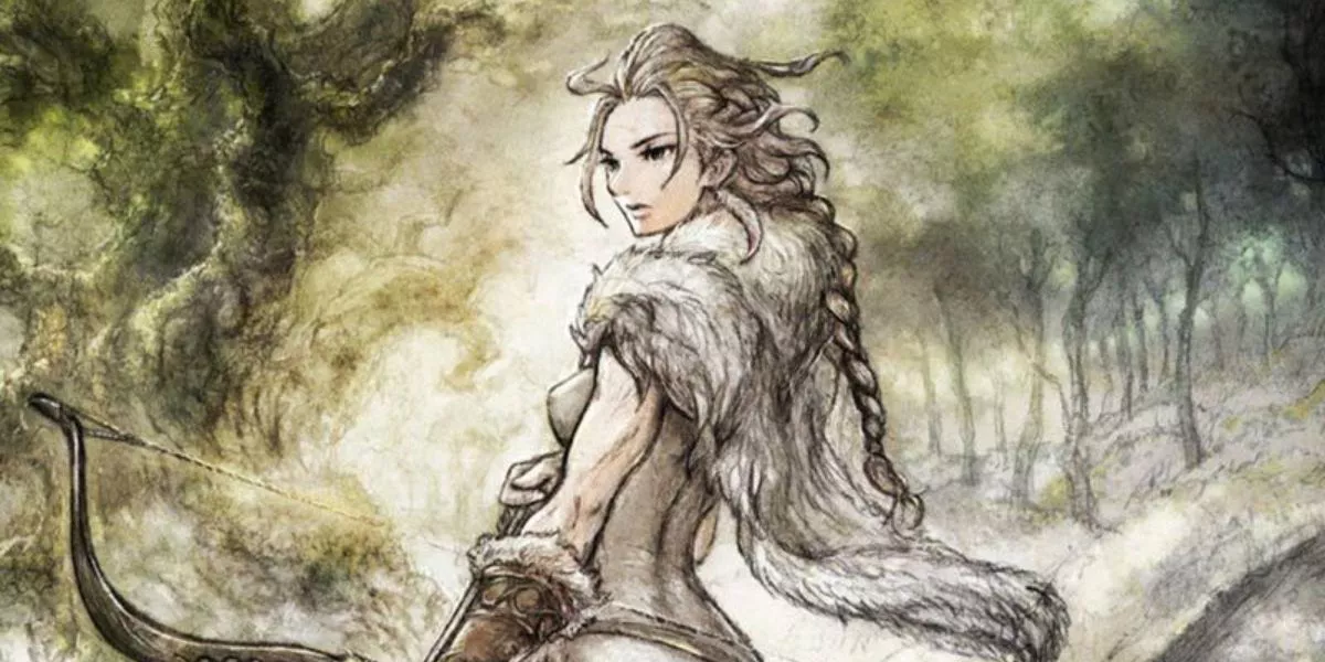 H'aanit's character art depicting her standing with a bow in Octopath Traveler