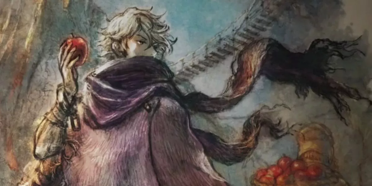 Therion's character art depicting him holding an apple he likely stole in Octopath Traveler