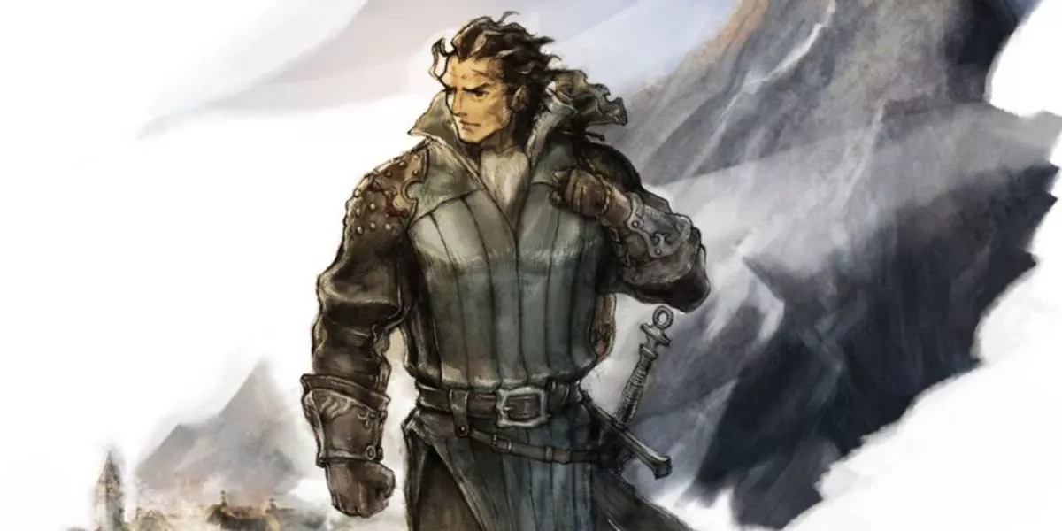 Olberic's character art depicting him walking with his sword over his shoulder in Octopath Traveler