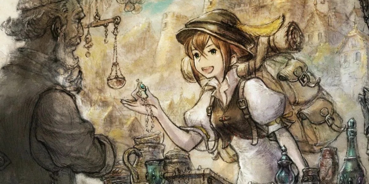 Tressa character art depicting her making a sale in Octopath Traveler