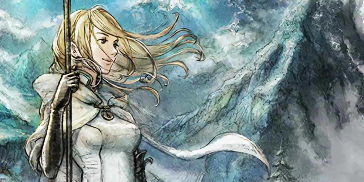 Ophilia's character art depicting her holding a staff in front of a snowy mountain in Octopath Traveler