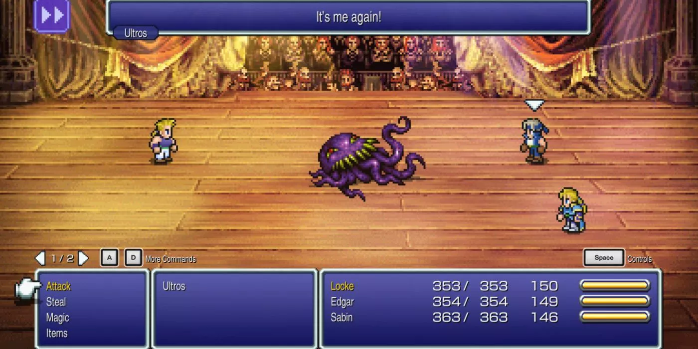 Final Fantasy VI party members fighting Ultros on stage.