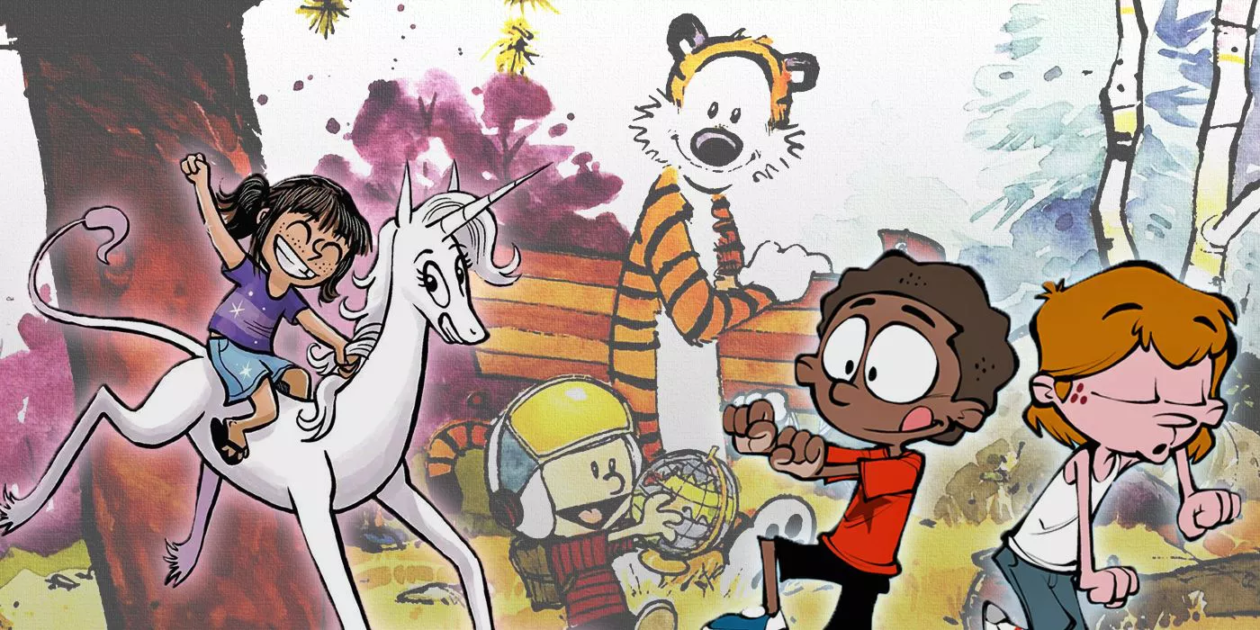 Phoebe and the Unicorn with characters from Crabgrass and Calvin and Hobbes