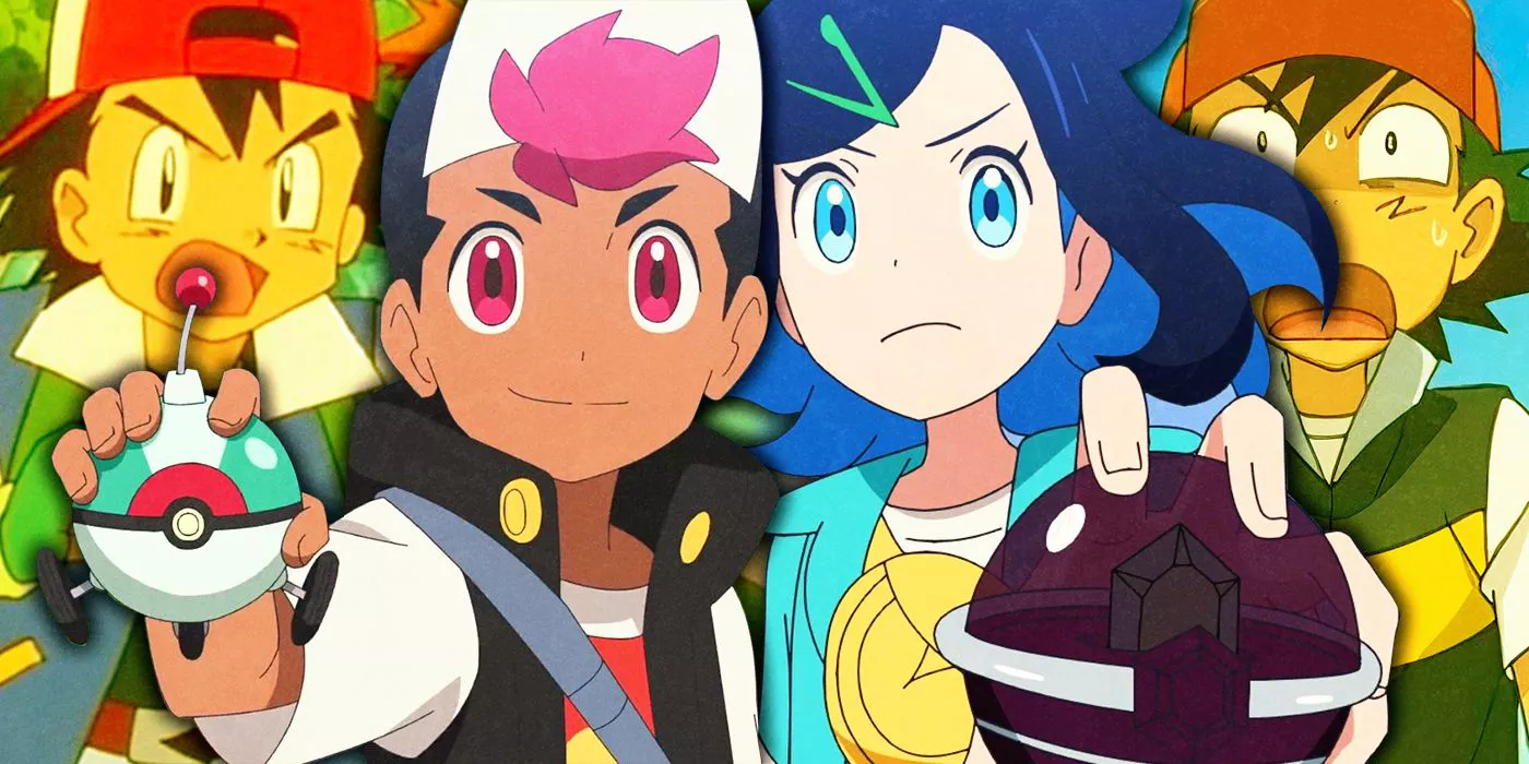 Liko and Roy from Pokémon Horizons with Ash Ketchum in the background