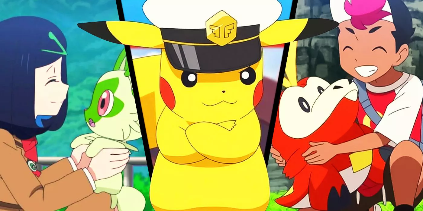 Captain Pikachu from Pokemon Horizons and Liko and Roy with their pokemon