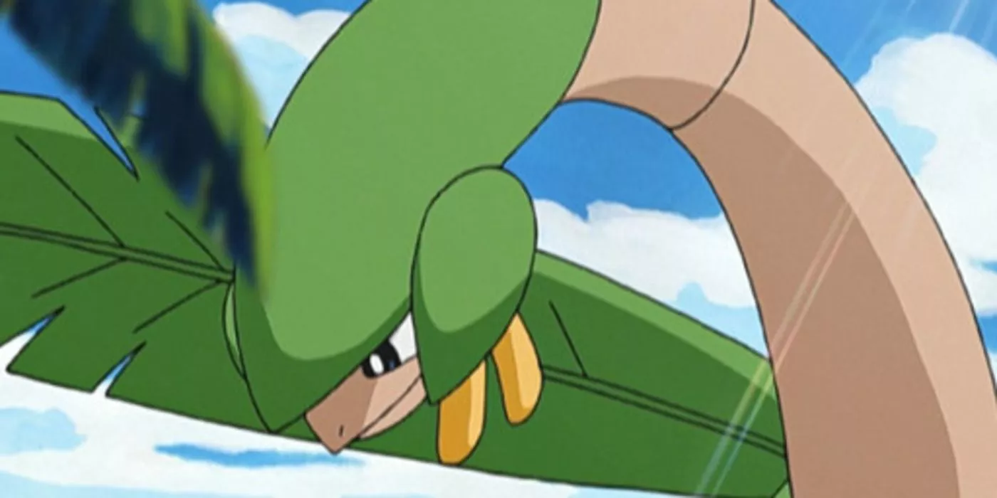 Tropius calmly shields the sun for Giovanni.