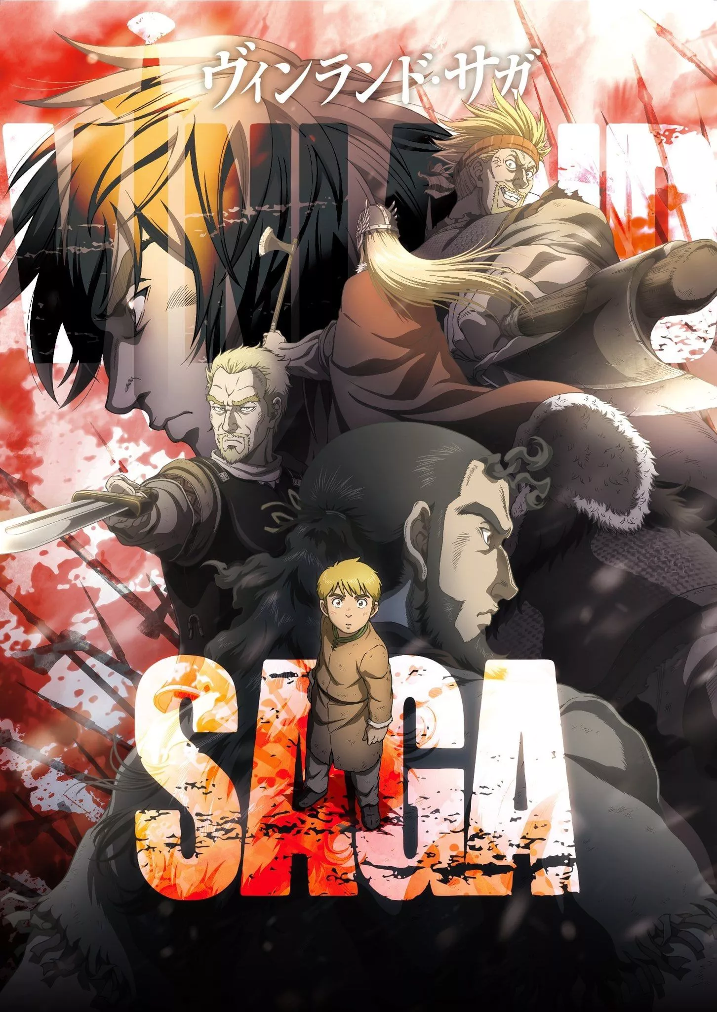 The Vinland Saga poster depicts characters from the show, some of which include Thorfinn and Thors.