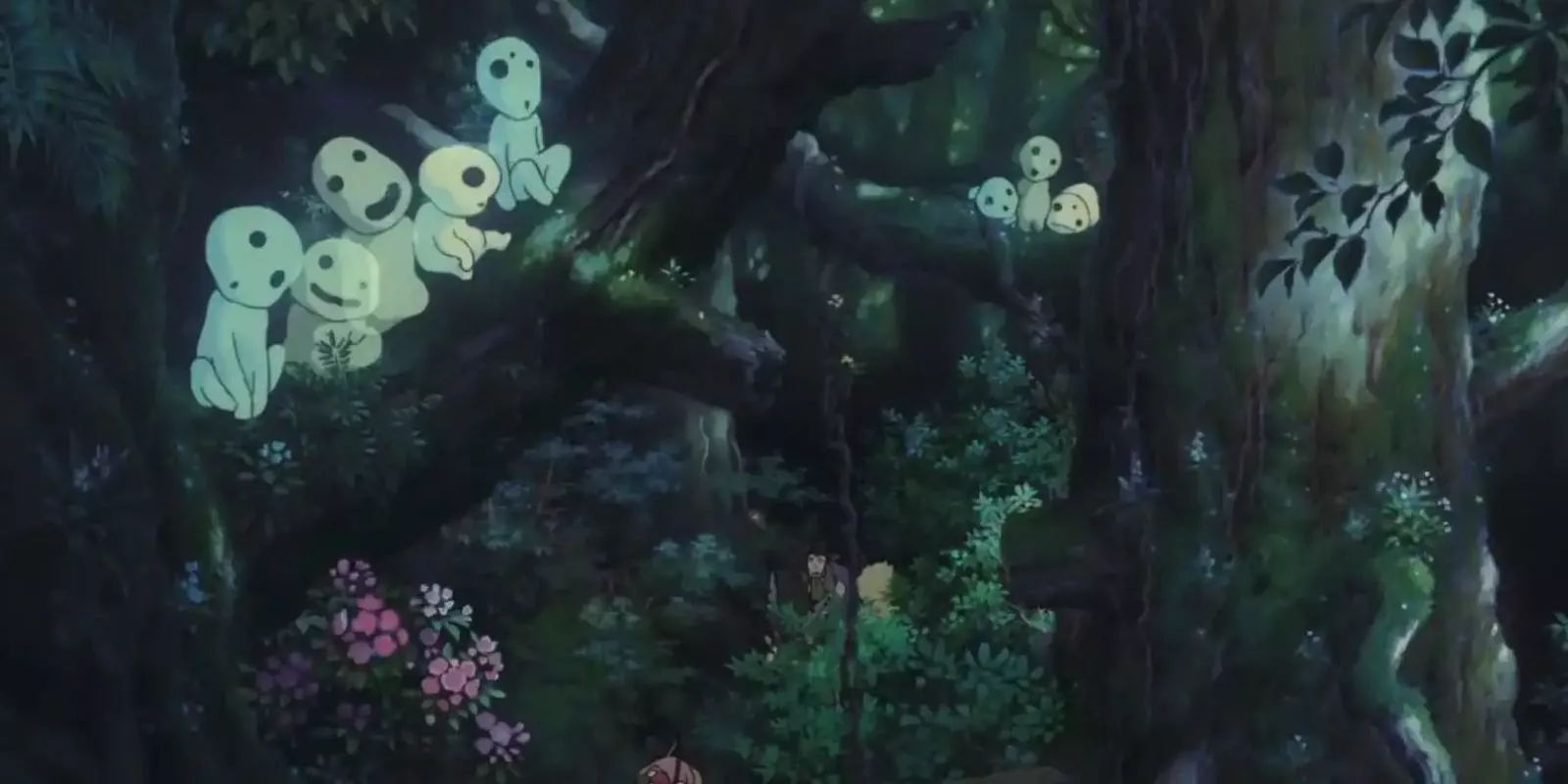 Kodamas watch from their lush forest home in Princess Mononoke a Studio Ghibli film