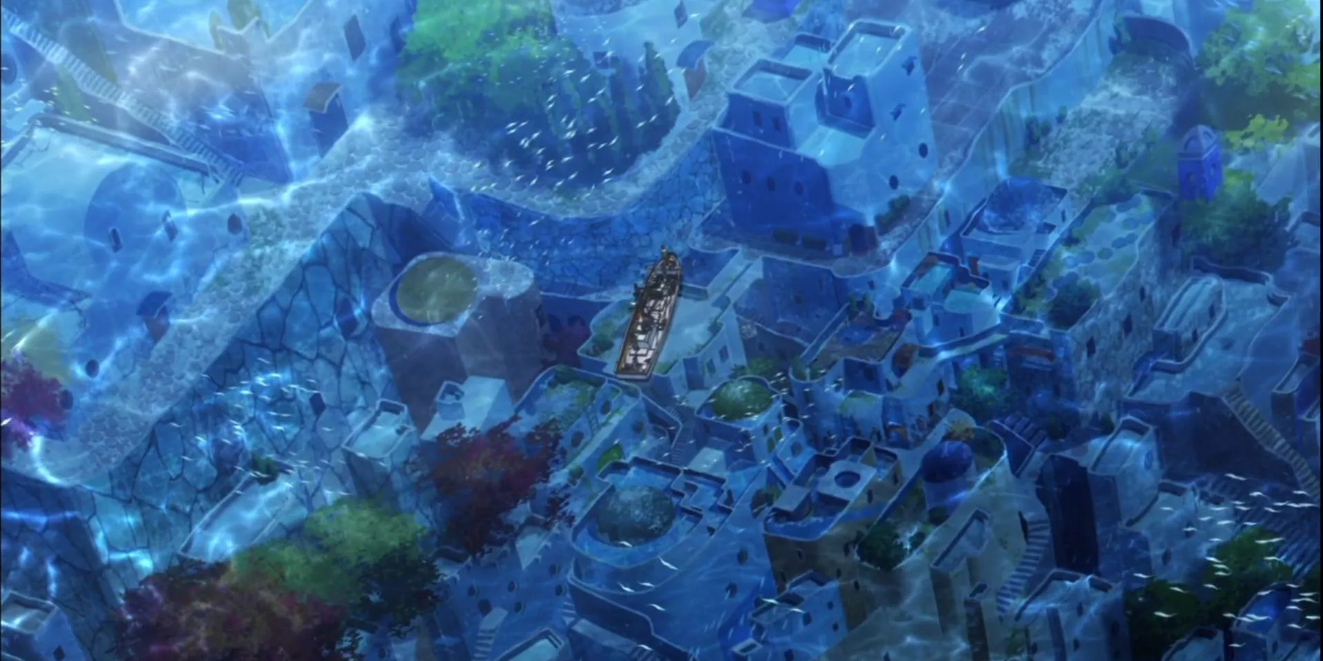 a ship floats above an underwater city in Nagi Asu: A Lull in the Sea