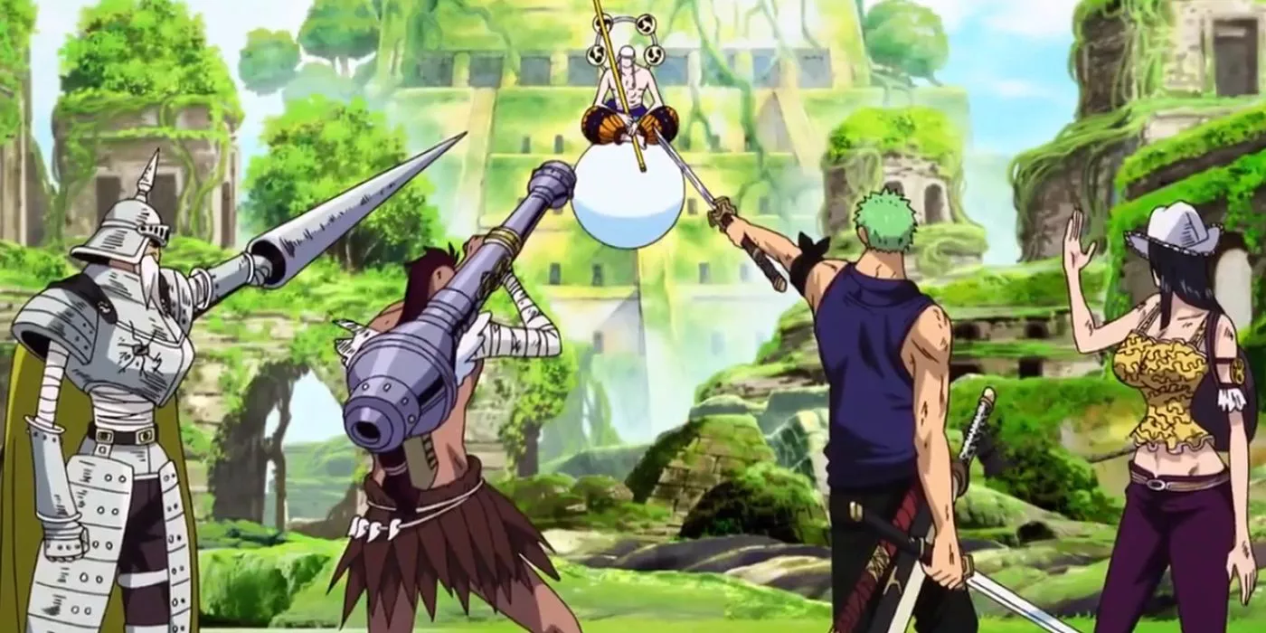 Zoro, Robin, and their Skypeia allies take aim at Enel as he floats in the air in One Piece